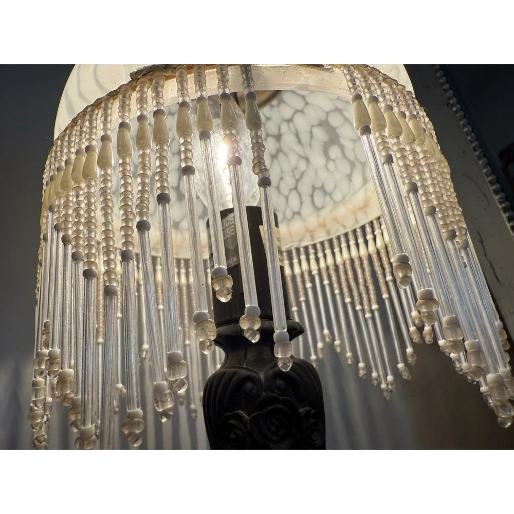 Vintage BEADED BEADS PEARLS LAMPSHADE LAMP ROSES LEAVES APPROX 13 1/2
